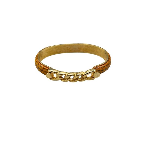 Vtg 80s 90s Snakeskin Bracelet Hinged Bangle Tan Color with Gold Plated Chain - Picture 1 of 8